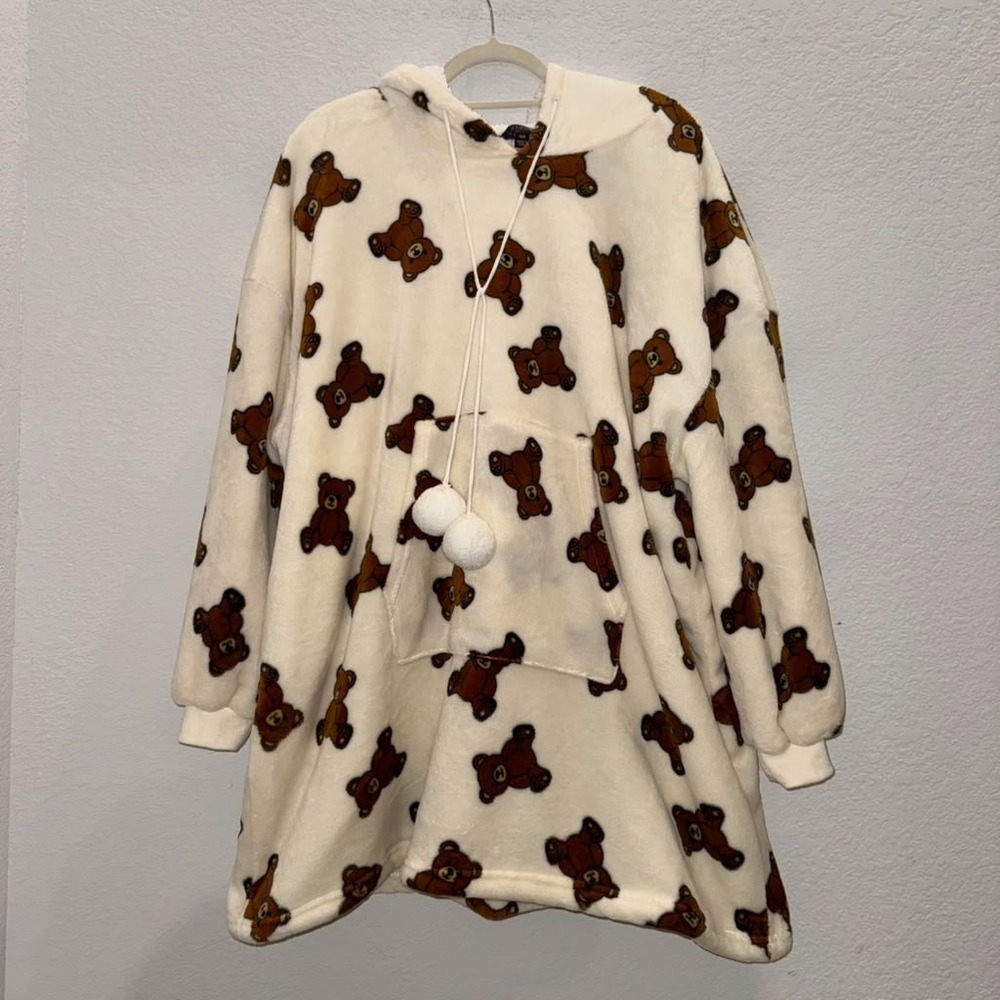 Faded Rose Women's Cozy Oversized Plush Hoodie All Over Brown Teddy Bear Print